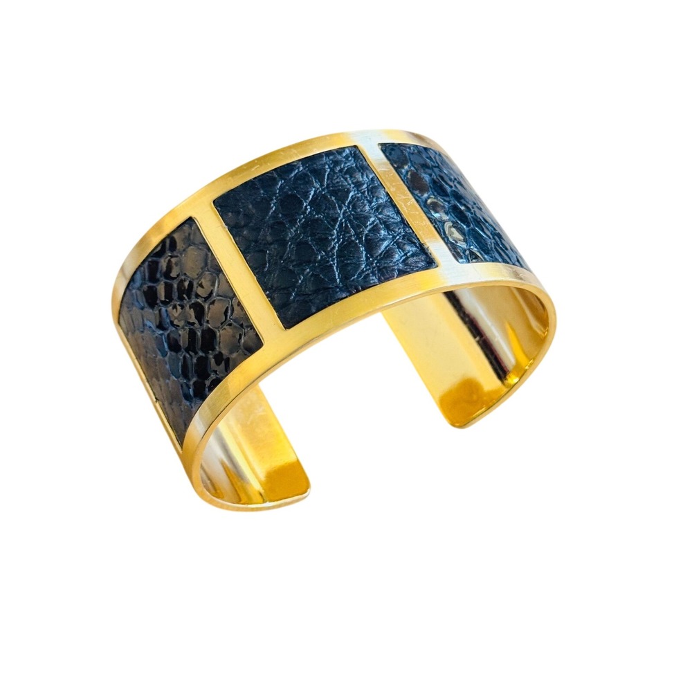 Brighton Nicks Wide Cuff Bracelet Gold Black Faux Leather Signed Plated